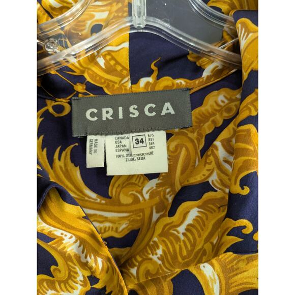 Crisca Tunic Blouse Women 34 Baroque Print 100% Silk Long Sleeve Flowy Navy Gold - Picture 14 of 16